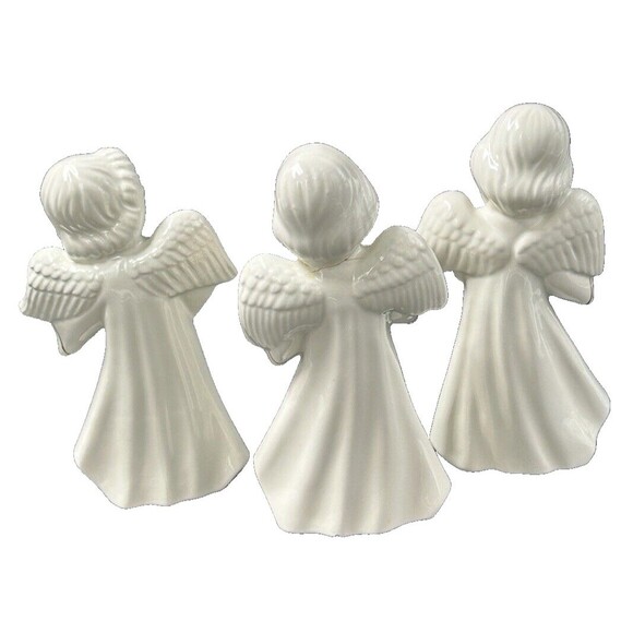 White and Gold Ceramic Angels Playing Musical Instruments Set of 3 Angels - Picture 3 of 11